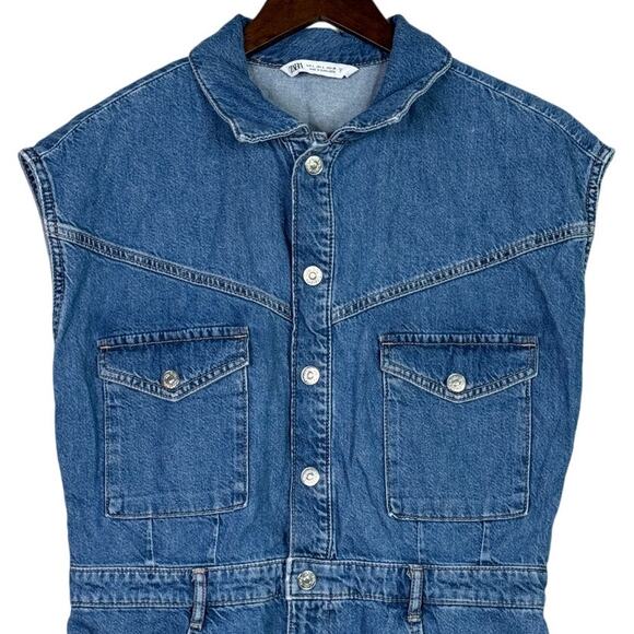 Zara Sleeveless Collard Button Denim Short Jean Shorts Romper L Dark Wash Blue - Picture 3 of 15